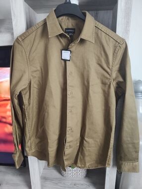 Club Monaco Men's Olive-Tan Button-Up Dress Shirt Pit To Pit 20"